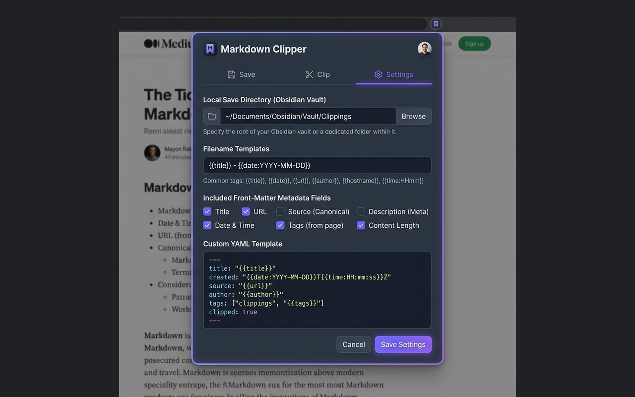 Settings configuration mockup